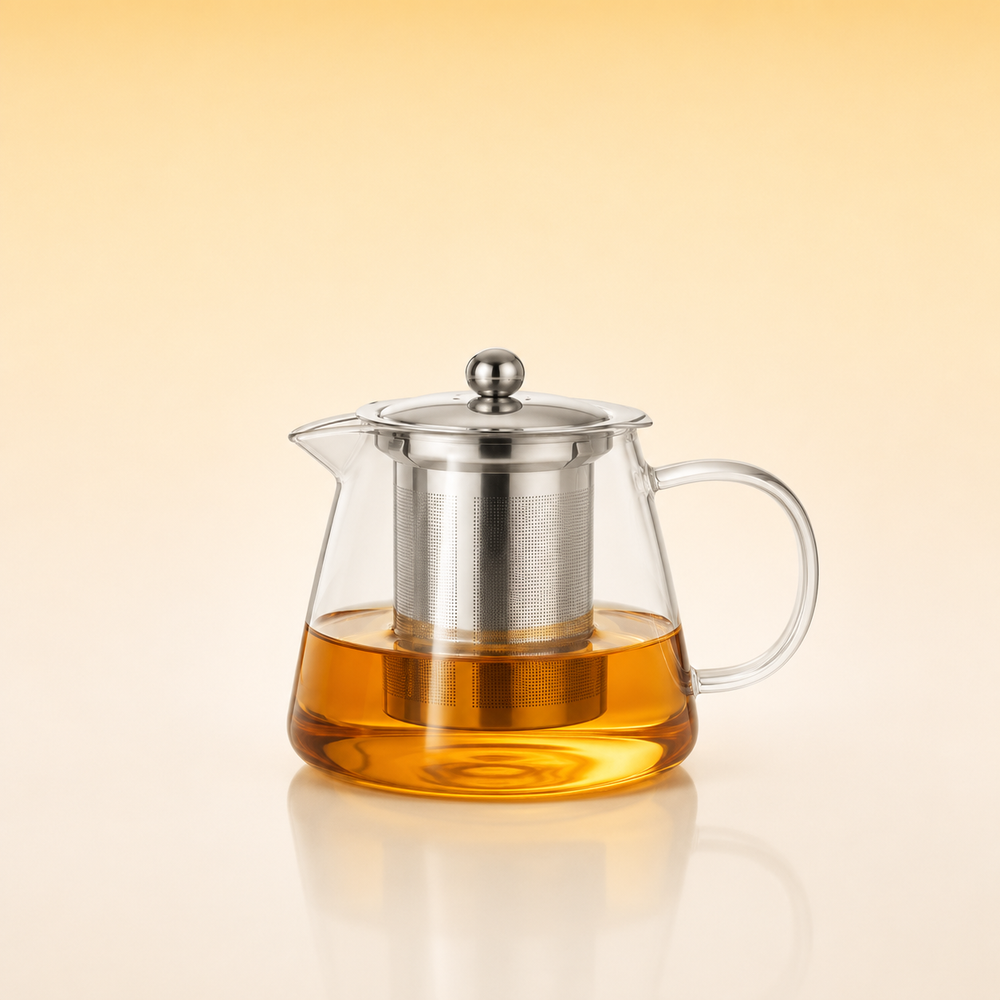 Tea Artisan Pot 450 - A clear glass teapot with a stainless steel infuser and lid, filled with amber tea, set against a warm beige gradient background.