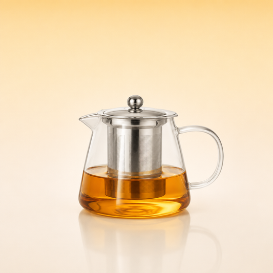 Tea Artisan Pot 450 - A clear glass teapot with a stainless steel infuser and lid, filled with amber tea, set against a warm beige gradient background.