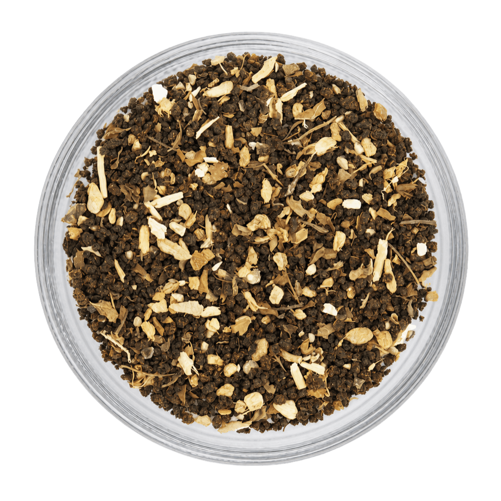 Premium Tulsi Adrak dry tea leaves displaying herbs, spices and ctc tea texture beautifully.