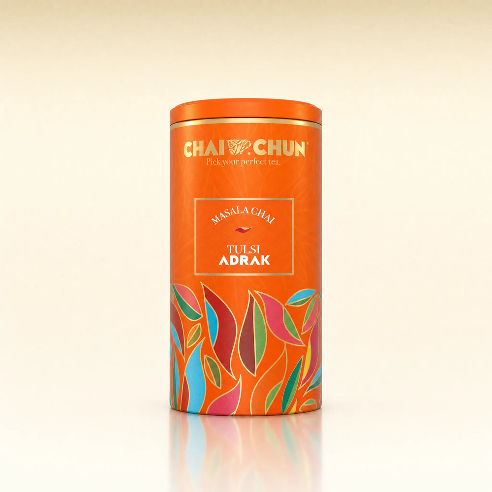  Beautiful tin caddy showcasing aromatic Tulsi Adrak tea with carefully selected Assam ctc tea and premium dried ginger 