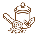 UNCOMPROMISING_QUALITY - A minimalist brown line-art icon of a lidded jar, a spoon filled with granules, scattered seeds, and two leaves on a white background.