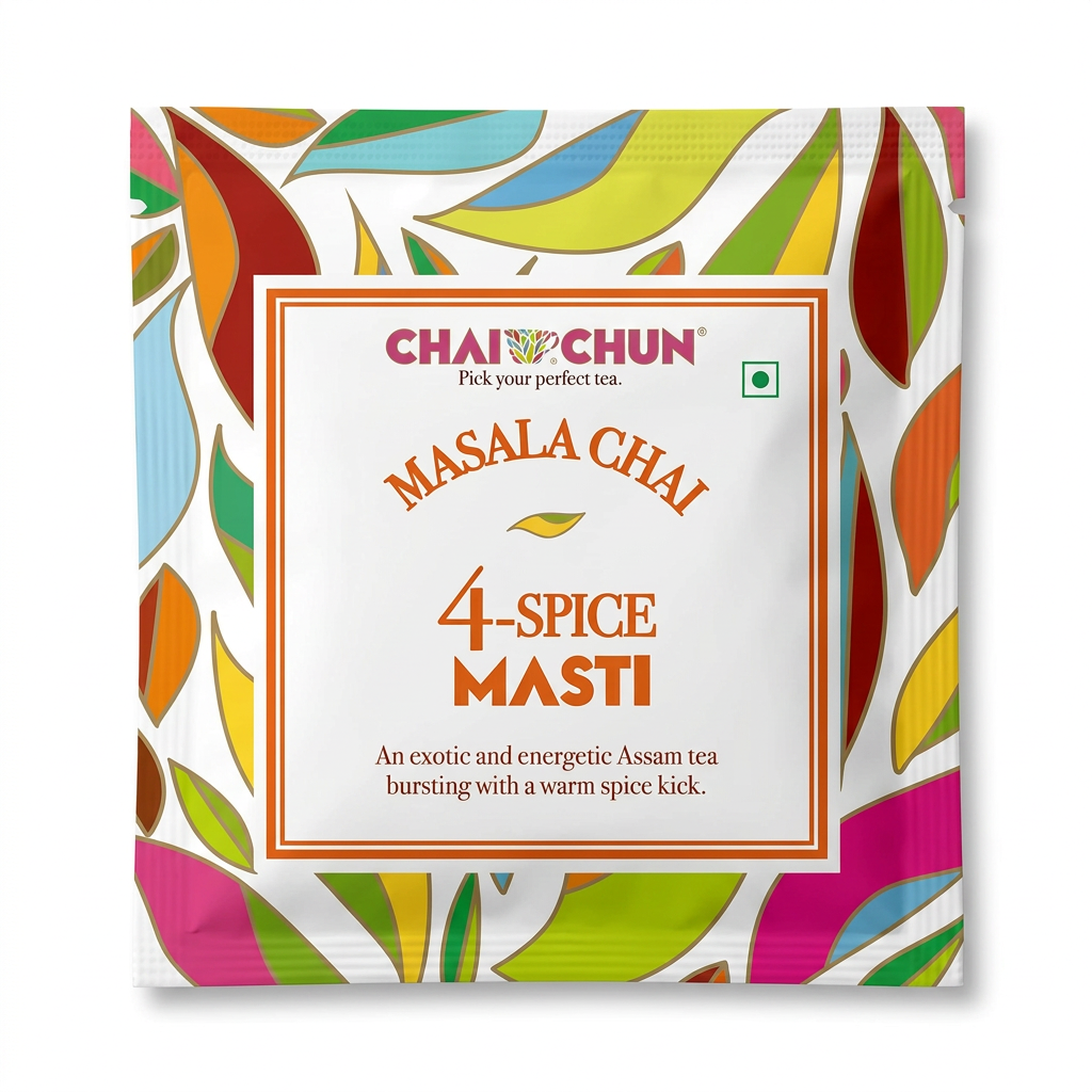 Individually packed Saffron Chai tea bag offering a convenient and aromatic brewing experience.