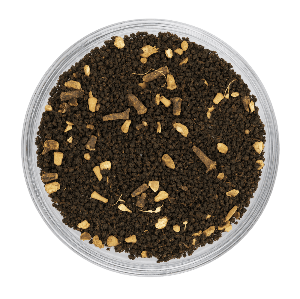 Clove Protect Tea dry tea leaves, featuring a dark brown to black appearance with visible tea granules and aromatic clove pieces.