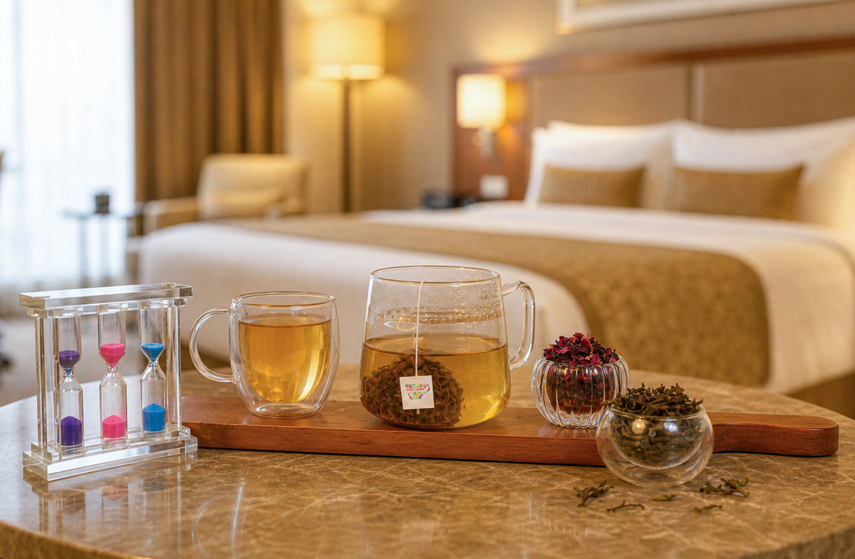 Hotels - A glass teapot filled with tea and a glass mug of tea on a wooden tray, alongside small glass jars of loose tea and an hourglass, set on a marble table in a warmly lit hotel room.